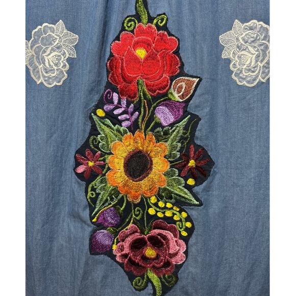 Denim Button-Up Upcycled Shirt Handcrafted Embellishments Boho Western Cotton 3X - Picture 14 of 15